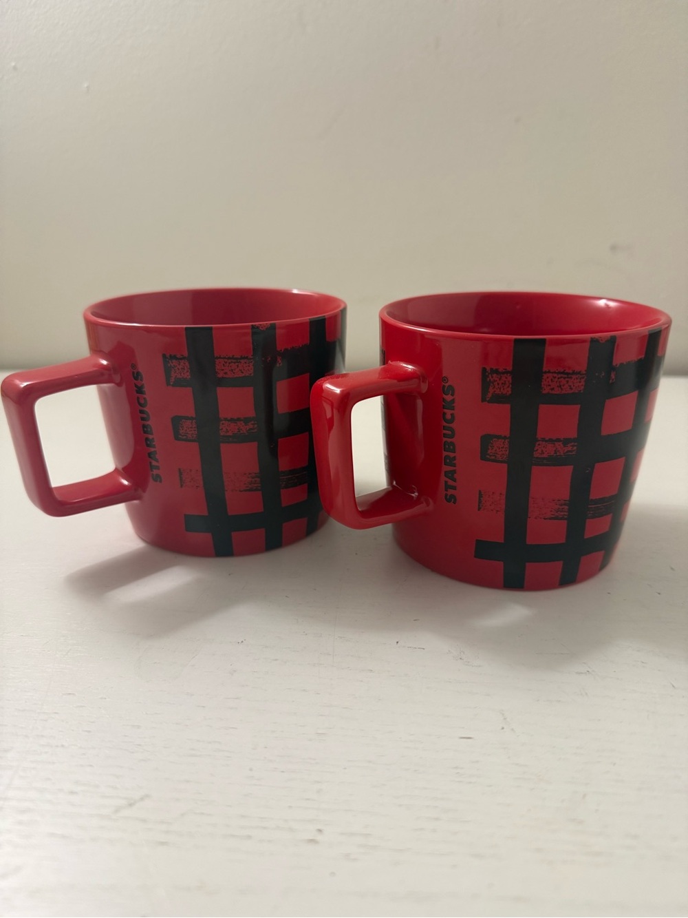 Starbucks Red and Black Plaid Ceramic Mugs - Pair
